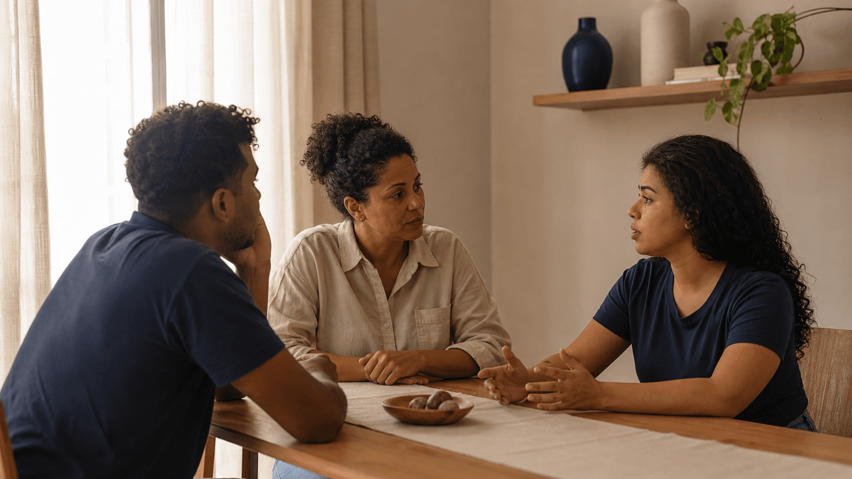 Família conversa com atenção ao redor de uma mesa