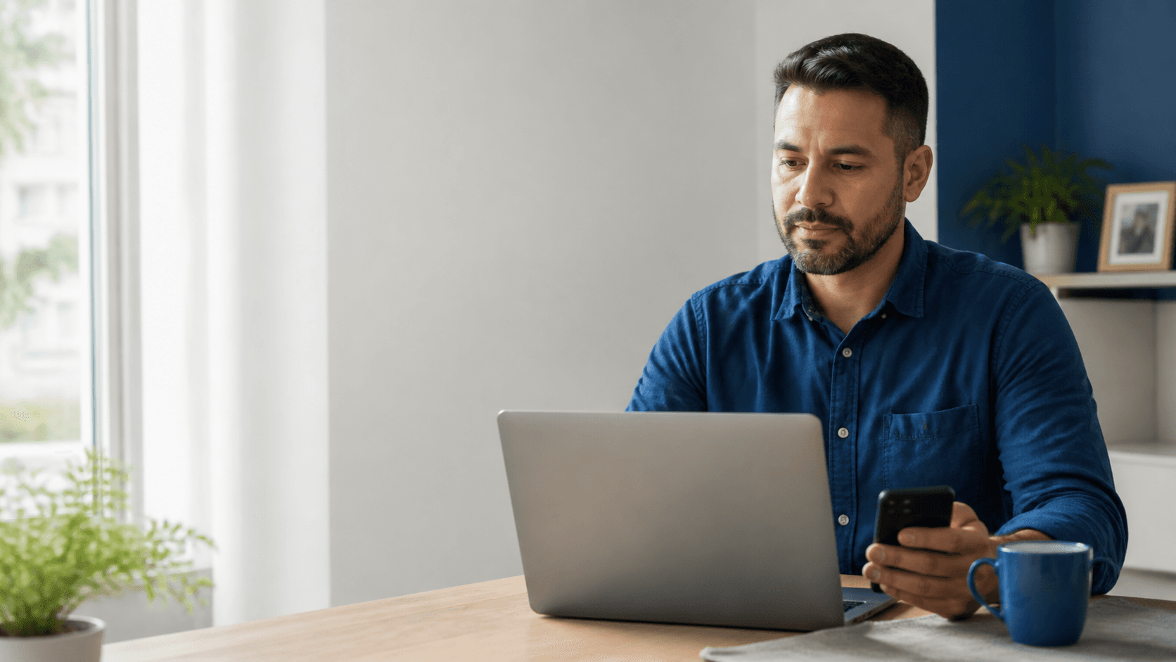 Homem consulta o celular e o computador em casa