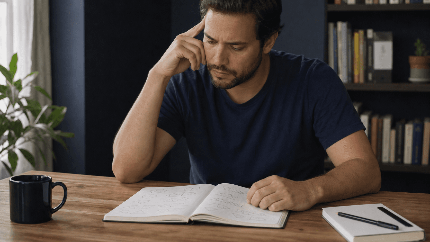 Homem observa anotações antes de tomar uma decisão