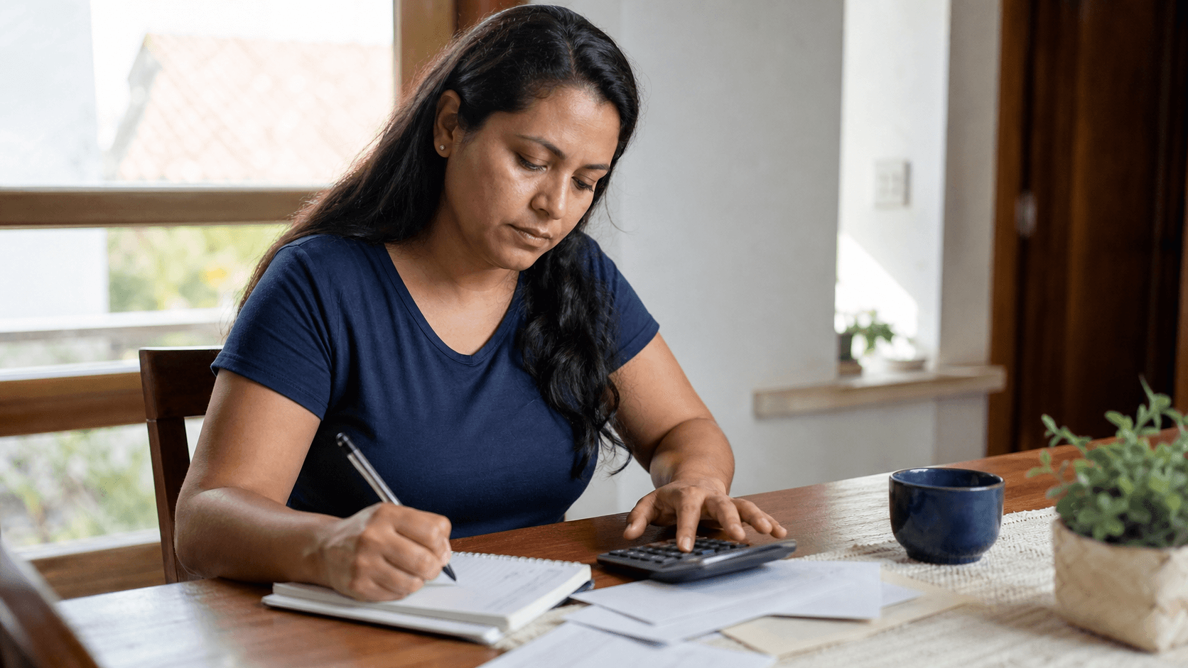 Mulher organiza contas domésticas com caderno e calculadora