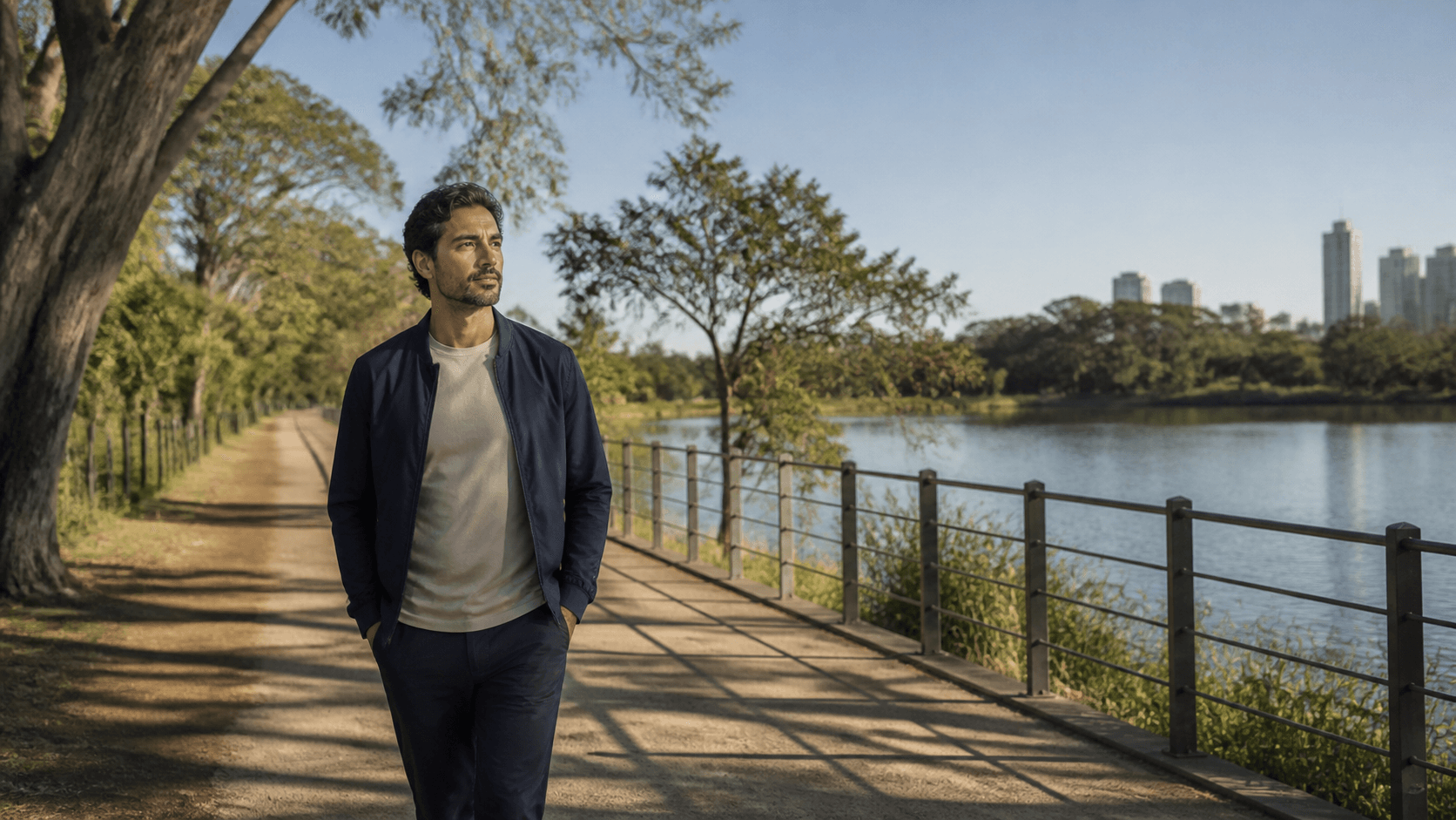 Homem caminha em um parque ao iniciar uma nova rotina