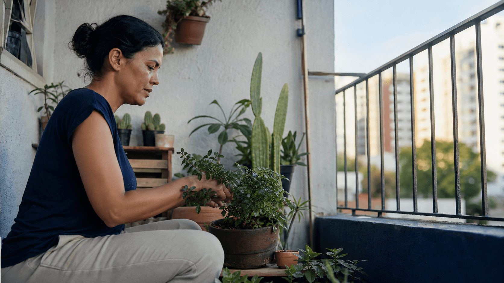 Mulher cuida de plantas durante a reconstrução da rotina