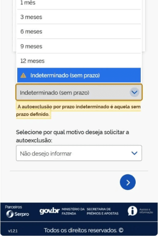 Seleção do prazo e do motivo na plataforma de autoexclusão