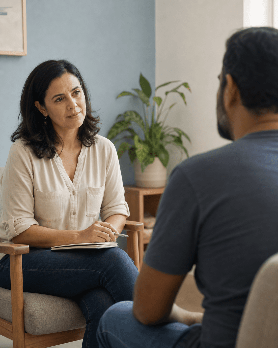 Duas pessoas conversam com atenção em um ambiente acolhedor