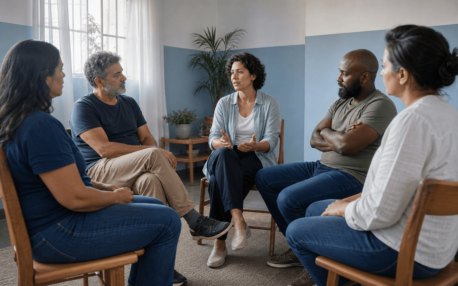 Grupo de adultos reunidos em uma sala de apoio